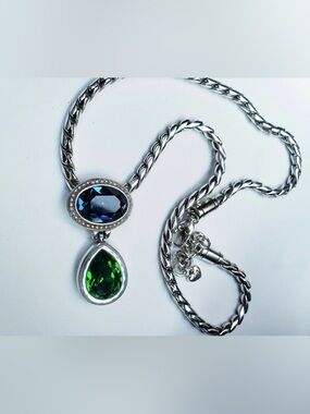 🍀 RARE BRIGHTON Silver Necklace 💎Sapphire & Emerald-colored Swarovski Crystals!